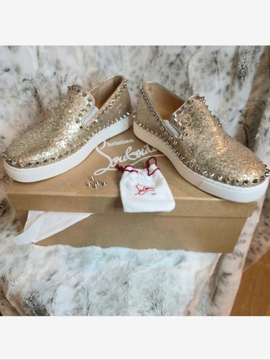 Christian Louboutin Shoes - Christian Louboutin Pik Boat slip-on Spiked Leather Sneakers Silver Gold EU 37.5